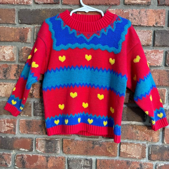 Other - Vintage kids girls hearts stripes colorblock crewneck sweater red 4